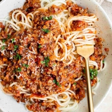 这道素食肉酱面是一种快速简单的蔬菜馅意大利面，它的味道、质地和美味都和传统的肉酱面一样，没有肉。| aheadofthyme.com